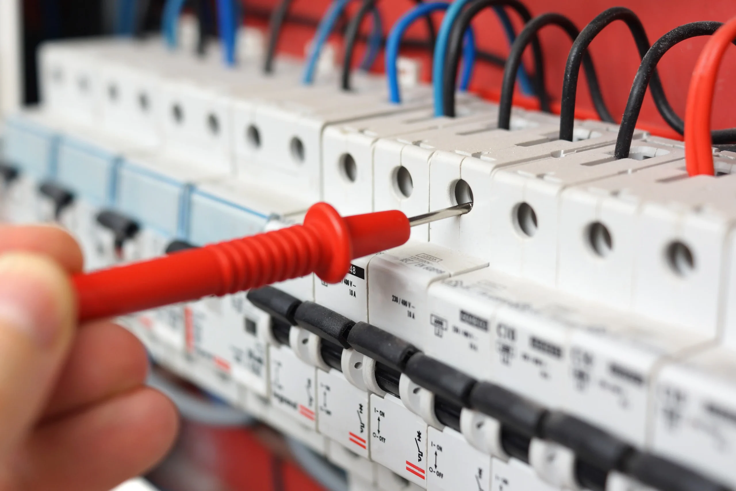 Electrician testing a circuit breaker in a consumer unit with a red test probe